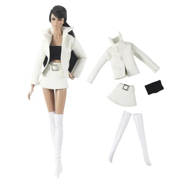 1 Комплект кожаной одежды, Черный топ + Белое пальто + юбка + носки, 1/6 Осенняя одежда для куклы BJD, аксессуары для куклы Барби