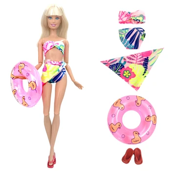 1 комплект кукольного купальника-бикини с бантом + 1 случайное кольцо для плавания + 1 пара тапочек, обуви, одежды для куклы Барби, аксессуаров