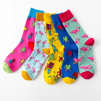 1 пара женских повседневных хлопчатобумажных носков Harajuku с мультяшным Фламинго Любящее сердце, милые Японские носки с забавным персонажем