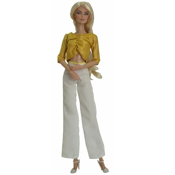 1 шт Желтая рубашка Белые широкие брюки Офисный женский комплект модной одежды для кукол 1/6 Аксессуары Наряды для игрушек Барби