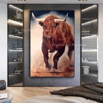 100% абстрактное искусство ручной работы корова, бык, бегущее животное, картина большого размера, коричневый холст, картина маслом на холсте, Настенное искусство без рамы