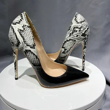 12 см градиентный змеиный узор, пикантные женские туфли-лодочки на чрезвычайно высоком каблуке с острым носком без застежки на шпильке для модной женской вечеринки