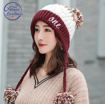 2019 Новые Зимние шапки подходящего цвета Для леди, Хлопковая утепленная теплая вязаная шапочка с ушками и помпоном
