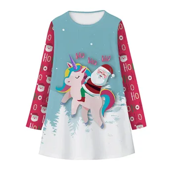 2021 Новое Рождественское платье для девочек, осенний Санта-Клаус, Санта-Клаус едет на единороге, платья для девочек, детская одежда для домашней вечеринки