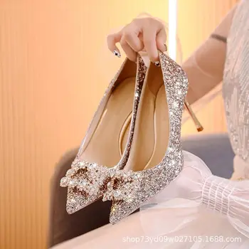 2021 Новые женские туфли-лодочки на высоком каблуке со стразами, женская обувь на высоком каблуке с блестками, золотые, серебряные Свадебные туфли, женские туфли на высоком каблуке