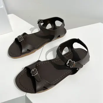 2023 Весна/лето, новые модные сандалии из натуральной кожи с пряжкой в одну линию, с открытым носком, удобная пляжная обувь для женщин