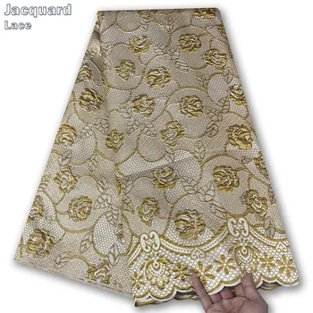 2023 Высококачественная Африканская Тюлевая Кружевная Ткань Французская Золотая Нить Шелковая Вышивка Парча Жаккардовая Кружевная Ткань Для Вечернего Платья Dress