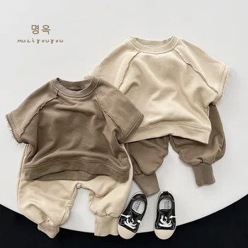 2023 Корейская детская одежда для мальчиков, Однотонная футболка с короткими рукавами для маленьких мальчиков, Повседневные свободные футболки, Базовые рубашки для младенцев, топы