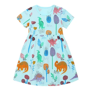 2023 Платье с короткими рукавами для маленьких девочек, хлопковая светло-зеленая повседневная одежда, лето с милыми динозаврами для детей 2-8 лет