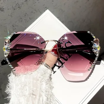 2023 Роскошный Брендовый дизайн Винтажные солнцезащитные очки без оправы со стразами Женские Мужские Модные солнцезащитные очки с градиентными линзами Оттенки для женщин