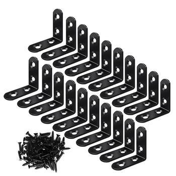 20ШТ Угловой кронштейн L-образной формы, Стальные L-образные кронштейны для полок, Металлическая угловая скоба для шкафа деревянной мебели Черного цвета