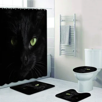 3D Набор занавесок для душа с изображением черной кошки Портрет черных кошачьих глаз Занавески для ванной для ванной Коврики для ванной Комнаты Ковры Домашний декор Хэллоуин