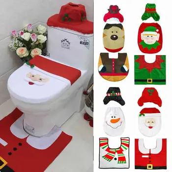 3шт Рождественских украшений, коврики для ванной, Рождественский туалет, Украшение для ванной комнаты, Мультяшный чехол для сиденья унитаза, Аксессуары для ванной комнаты