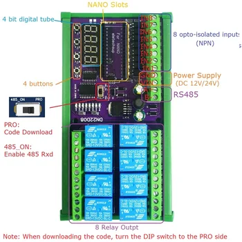 8-канальный таймер задержки Многофункциональная плата DC 12V 24V Переключатель RS485 PLC IO Модуль расширяющегося экрана для Arduino NANO V3.0