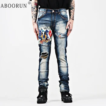 ABOORUN Men Hi Street Jeans, уличная одежда, джинсовые брюки в стиле пэчворк с принтом, обтягивающие брюки-карандаш в стиле хип-хоп