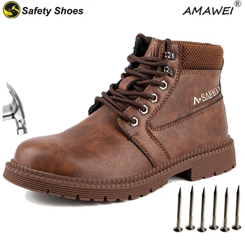 AMAWEI Мужская защитная обувь со стальным носком, защищающая от ударов, проколов, искр, защитные ботинки с высоким берцем, износостойкие водонепроницаемые ботинки