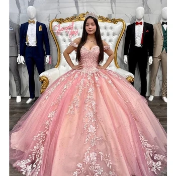 ANGELSBRIDEP/ Розовые Пышные Платья Из Тюля в виде Сердечка, Vestidos De 15 Anos, Вечерние Платья Принцессы С 3D Цветочной Аппликацией, С Открытыми плечами