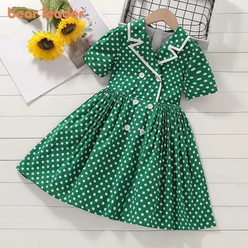Bear Leader 2023 Новое летнее платье для девочек из хлопка в зеленый горошек с коротким рукавом, ретро-платье в британском стиле, двубортное платье для девочек