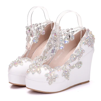 Crystal Queen Новые Модные туфли-лодочки на танкетке со стразами Женская Милая Роскошная Свадебная обувь на платформе и высоком каблуке