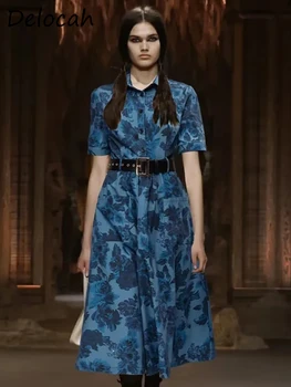 Delocah Высококачественное летнее женское модное дизайнерское синее платье с поясом, хлопковые длинные платья с коротким рукавом и цветочным принтом в виде розы