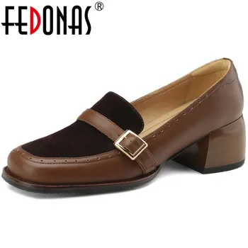FEDONAS/ Классические женские туфли-лодочки для зрелых женщин в стиле ретро, весна-лето, офисные женские повседневные туфли на толстом каблуке из натуральной кожи с пряжкой, женская обувь