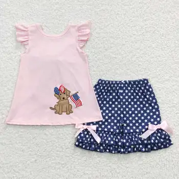 Gsso0236 оптовая горячая распродажа, летний Национальный день девочек, Вышитый Щенок, Розовые шорты с развевающимися рукавами, комплект одежды для маленьких девочек