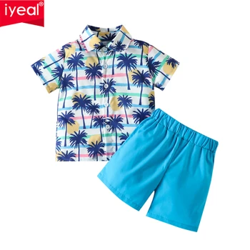 IYEAL/ Летний праздничный костюм для маленьких мальчиков 2023 г., Новая детская повседневная рубашка с короткими рукавами + однотонные шорты, комплект из 2 предметов