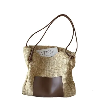 Ins Винтажная тканая сумка-тоут в праздничном стиле, соломенная тканая сумка через плечо, сумка для покупок большой емкости, соломенная пляжная сумка-тоут