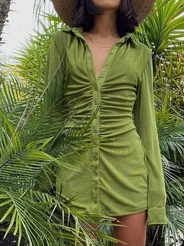 Kalevest Y2K Облегающие платья Элегантные шикарные винтажные облегающие платья, роскошная одежда с однотонной гофрировкой, зеленые уличные женские платья