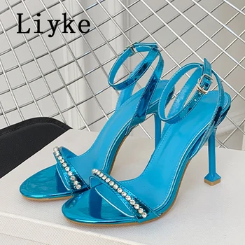 Liyke 2023 Новые сине-зеленые сандалии с ремешком на щиколотке, женские модные кожаные свадебные туфли на каблуке со стразами, женские туфли на шпильке