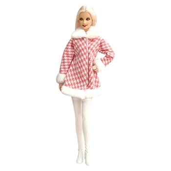 NK 1 Комплект одежды для куклы 1/6, Розовое платье, клетчатое пальто + Белые леггинсы, чулки, одежда для куклы Барби, аксессуары, детские Игрушки для малышей