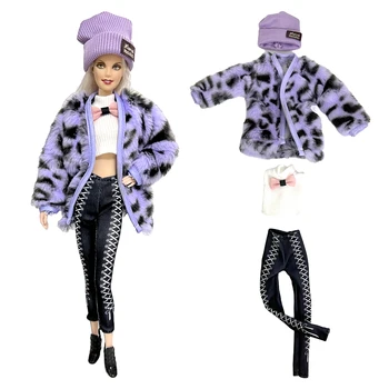 NK 1 комплект: Фиолетовое пальто ручной работы + Шляпа + Розовая рубашка с бантом + Брюки для куклы Барби 1/6 Модная одежда, аксессуары для игрушек