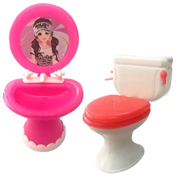 NK 2 предмета = Табурет + Умывальник, Приспособления для мытья унитаза, Мебель для кукольного домика, Набор для ванной комнаты для кукол Барби 004A