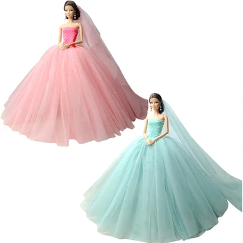 NK 2 шт кукольное платье высокого качества ручной работы с длинным хвостом вечернее платье Кружевное свадебное платье + фата для куклы Барби 1:6 Лучший подарок