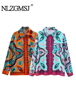 Nlzgmsj TRAF Women 2023 Модные Летние блузки с атласной текстурой с принтом, Винтажные женские рубашки с длинным рукавом и пуговицами, шикарные топы