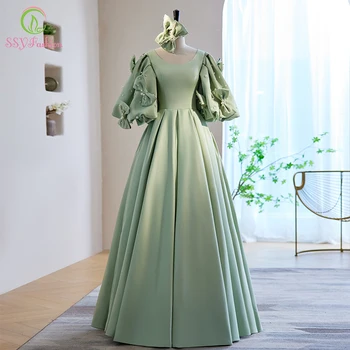 SSYFashion Зеленое Атласное Вечернее Платье для Женщин Принцессы с Пышными Рукавами и Бантом с Жемчугом, Вечерние Платья Трапециевидной Формы Vestido De Fiesta