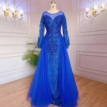Serene Hill Muslim Blue Элегантная Русалка, роскошные вечерние платья, расшитые бисером поверх юбки 2023 для женской вечеринки LA71891