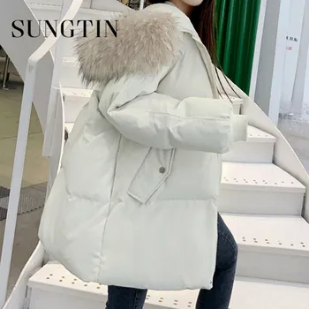 Sungtin, Свободные зимние парки с капюшоном, женские пальто с меховым воротником, однотонные утепленные куртки, пальто, женская модная Повседневная верхняя одежда с карманами