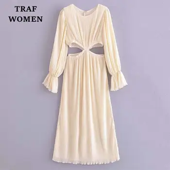 TRAF WOMEN 2023 Весенняя мода Новое Плиссированное платье с вырезом Темперамент С длинным рукавом Элегантное Шикарное Женское платье Vestidos Mujer