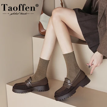 Taoffen 2023, Лоферы на не сужающемся книзу массиве, Женские слипоны из натуральной кожи с круглым носком, Цветная обувь на плоской подошве
