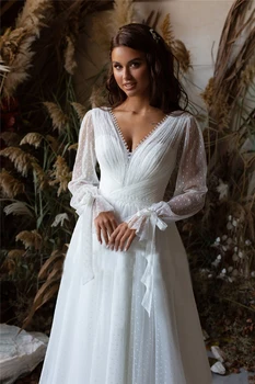 V-образный вырез, простые пуговицы с длинными рукавами, плиссированное свадебное платье из тюля в горошек, свадебное платье Vestido De Noiva свадебное платье