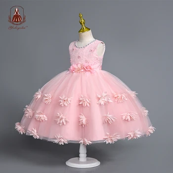 Yoliyolei 3D Платье с цветочным узором для девочек, платье для дня рождения, тюлевое праздничное платье принцессы для маленьких детей, детский костюм, одежда с аппликациями