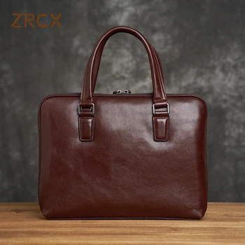 ZRCX Винтажная мужская сумка из натуральной кожи, портфель, мужские сумки через плечо, кофейная деловая мода, 14-дюймовая сумка для ноутбука