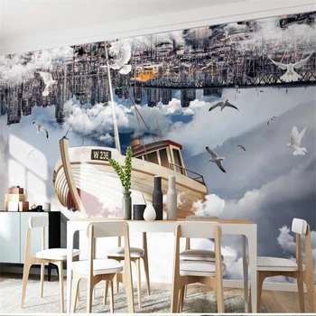 wellyu Настроил большую фреску городское здание парусная лодка облачное небо креативная 3D стереокартинка ТВ фоновые обои