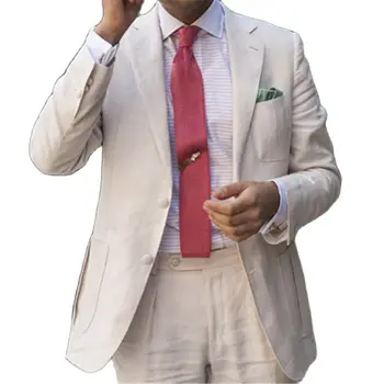Белые льняные мужские костюмы для свадьбы, 2 шт., куртка + брюки + галстук, Приталенный блейзер с вырезами на лацканах, брюки, Сшитая на заказ одежда для вечеринок, мужская одежда