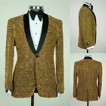 Блестящий мужской костюм, 2 предмета, блейзер, брюки, прозрачный лацкан, смокинг на одной пуговице, свадебный костюм жениха, расшитый золотым бисером, сшитый на заказ костюм для выпускного вечера Homme