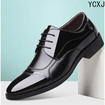 Большой размер 48, Новые мужские кожаные туфли с заостренными краями, мужские деловые модельные туфли, Модные мужские свадебные туфли на шнуровке, Мужские модельные туфли