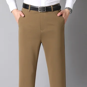 Весенне-осенний костюм, брюки, мужские деловые повседневные эластичные Классические прямые официальные брюки, однотонные брюки среднего возраста против морщин