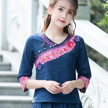 Весна 2023, новый дизайн верхней строчки в китайском ретро-национальном стиле, женская блузка из хлопка и конопли с вышитыми рукавами из семи точек