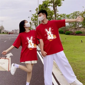 Весна-лето, Китайская футболка с изображением большого кролика, мужские и женские футболки, красные футболки с круглым вырезом из чистого хлопка с коротким рукавом, футболка
